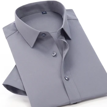 2021 летняя новая мужская стрейчевая свободная рубашка с короткими рукавами, деловая повседневная классическая брендовая молодежная мода, однотонная рубашка большого размера