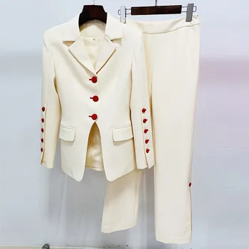 2022, Весенне-осенние Костюмы OL, Женские Высококачественные Белые блейзеры, куртки + Прямые брюки, Комплект из двух предметов F137