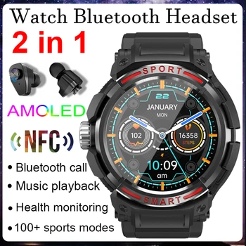 2023 NFC Смарт-Часы 2 в 1 Мужские TWS Наушники AMOLED Bluetooth Гарнитура Трекер Наушников Музыкальные Спортивные Фитнес-Умные Часы Для Мужчин