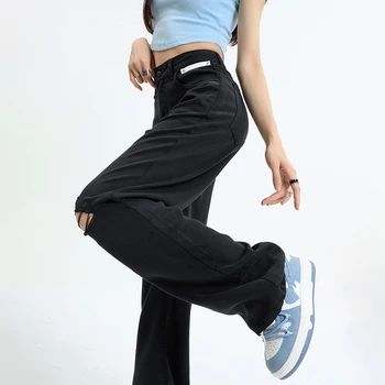2023 женские джинсовые брюки черного цвета, летние, для поездок на работу, тонкого сечения, корейская версия, с высокой талией, рваные, свободные, из ледяного шелка, прямые