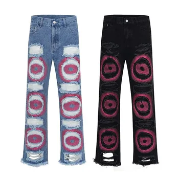2023 Камуфляжные джинсы в американском стиле с рваными кошачьими усами, мужские и женские брюки с прямой трубкой, тонкие брюки в стиле vibe