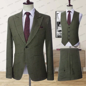 2023 Мужские зеленые деловые блейзеры с принтом в горошек, приталенный мужской костюм-тройка из чистого хлопка, клетчатое платье жениха (куртки + жилет + брюки)