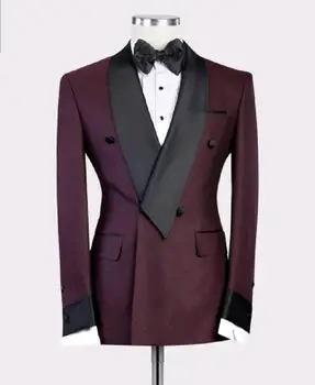 2023 Новые бордово-красные с черным отворотом мужские приталенные официальные костюмы на заказ, 2 предмета, Свадебные смокинги, костюмы, куртка, брюки