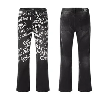 2023 слегка расклешенные джинсовые брюки с темными готическими печатными буквами, индивидуальность, уличный тренд, мужские и женские джинсовые брюки-клеш
