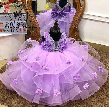 2023 Фиолетовое платье для выпускного вечера Принцессы для детей с оборками из бисера Платья для Конкурсов красоты 3D Цветы Платье для Дня рождения Платья для фотосъемки