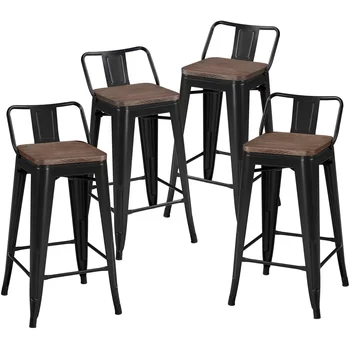 26-дюймовые металлические барные стулья с низкой спинкой и деревянной столешницей, набор из 4-х, черный