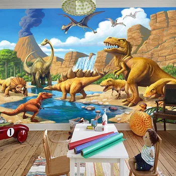 3D Фотообои с динозаврами из мультфильмов для детской комнаты, декор в гостиную, Индивидуальные размеры, нетканые 3D рельефные обои с принтом для стен