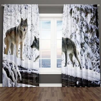 3D цифровая печать, Волк на снегу, Пейзаж с дикими животными, 2 штуки, Затеняющая Занавеска для гостиной, декор для спальни, карман для штанги