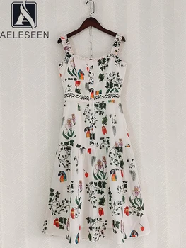 AELESEEN/ Подиумное Модное Женское платье на летних бретельках с цветочным принтом, Сиреневый Белый Длинный Пляжный Камзол для вечеринки
