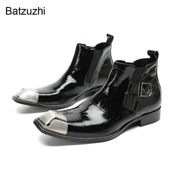 Batzuzhi/Новые дизайнерские мужские ботинки в стиле Рок, Черные Ботильоны из лакированной кожи без застежки, Модные деловые ботинки с металлическим носком, мужские!