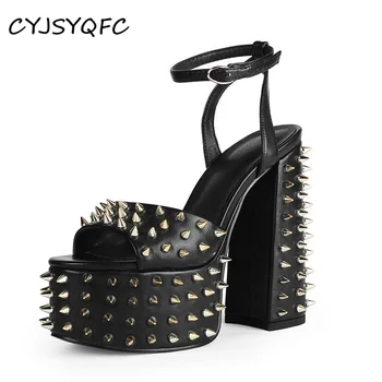 CYJSYQFC заклепки коренастый пятки платформы сандалии женщин в стиле панк Гот лодыжки пряжкой ремень толстым дном женская обувь с открытым носком сандалии