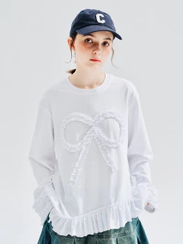 imakokoni, белая футболка с кружевным бантом на шее, свободная хлопковая основа, длинный рукав, женская тонкая 234251