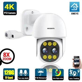 IP-камера безопасности POE с двойным объективом 4K 8MP HD, 8-кратный Зум, Автоматическое отслеживание на открытом воздухе, PTZ-Камера видеонаблюдения, Цветная камера ночного видения