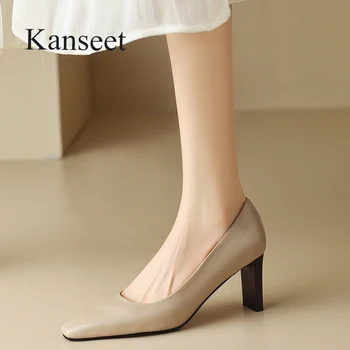Kanseet/ Женская обувь из натуральной кожи; коллекция 2023 года; Весенние коричневые туфли-лодочки с квадратным носком ручной работы; Офисная Женская обувь на высоком каблуке 6 см без застежки;