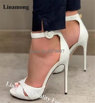 Linamong / Женские Элегантные Белые кожаные босоножки на шпильке с открытым носком, Босоножки на высоком каблуке с ремешком на щиколотке и пряжкой, Модельные туфли на высоком каблуке