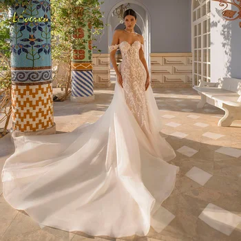 Loverxu Свадебные Платья Русалки 2023 Милая С Открытыми Плечами Vestido De Novia Со Съемным Шлейфом И Аппликациями Robe De Mariee