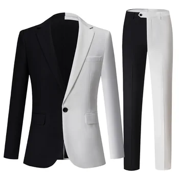 M-5XL Модный Приталенный мужской костюм Черного и белого цветов, подходящие по цвету Мужские костюмы, Комплект из 2 предметов, платье, Смокинг для Вечеринки, Шоу, Блейзер, Брюки