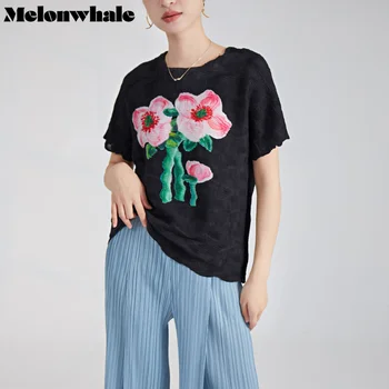 MelonWhale, Плиссированная футболка Miayke с цветочным принтом, Летняя Новая мода, Женские Свободные топы с рукавами из пяти частей, сложенные вручную
