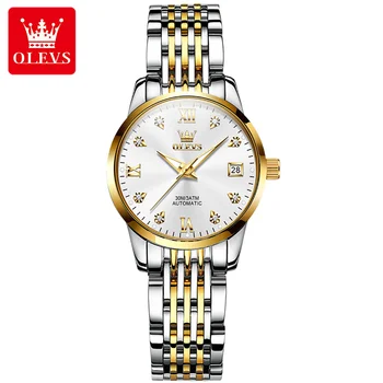 OLEVS 6673, роскошные женские часы с полностью автоматическим ремешком из нержавеющей стали, модные водонепроницаемые Автоматические механические женские наручные часы