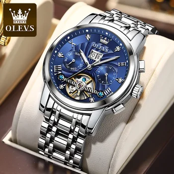 OLEVS 9910 Многофункциональные мужские наручные часы со скелетом из нержавеющей стали, водонепроницаемые автоматические механические деловые часы