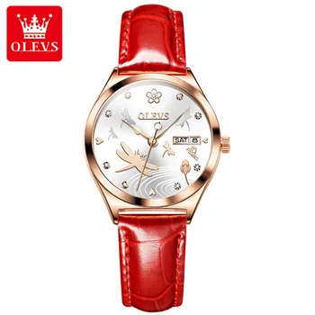OLEVS Оригинальные роскошные женские часы С автоматическим механическим подзаводом, Наручные часы с автоподзаводом, Кожаные женские часы, браслет, Подарочный набор