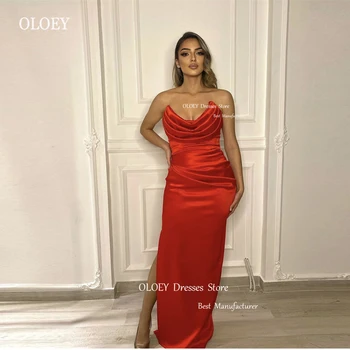 OLOEY, Красные атласные Длинные Платья для выпускного вечера без бретелек с разрезом сбоку, Арабские женские вечерние платья в Дубае, вечерние платья больших размеров