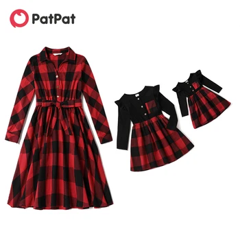 PatPat/ одинаковые комплекты для семьи, Рождественский семейный образ, красное клетчатое платье с лацканами и длинными рукавами для мамы и меня