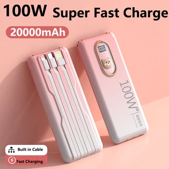 Power Bank 20000 мАч 100 Вт Супер быстрая зарядка для Huawei P50 Powerbank Встроенный кабель для iPhone 14 13 Xiaomi Samsung с подсветкой