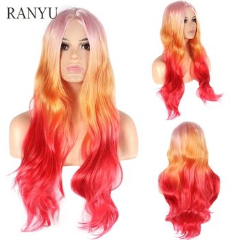 RANYU Длинный волнистый парик, Синтетические радужные разноцветные парики Омбре, женские высокотемпературные волокна для косплея, вечеринка в стиле Лолиты