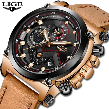 Relogio Masculino LIGE, мужские часы с Хронографом, Бизнес-топ, элитный бренд, наручные часы, Мужские Кожаные Водонепроницаемые спортивные кварцевые часы