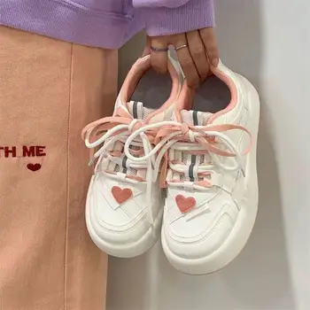 SHANPA/ Белые Милые женские туфли на платформе с розовой нашивкой в виде сердца, Кавайная повседневная обувь для студентов, Универсальная Вулканизированная обувь 2023
