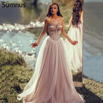 Sumnus Румяна из розового атласа и органзы, платье для выпускного вечера, Трапециевидное Платье с корсетом в виде сердца, вечерние платья на шнуровке по индивидуальному заказу для женской вечеринки в Дубае