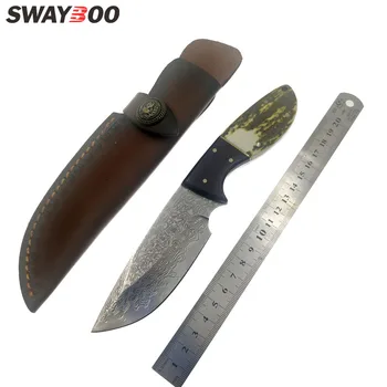 Swayboo с фиксированным лезвием из дамасской стали, палисандр + ручка из оленьего рога, Походный охотничий нож с чехлом из воловьей кожи