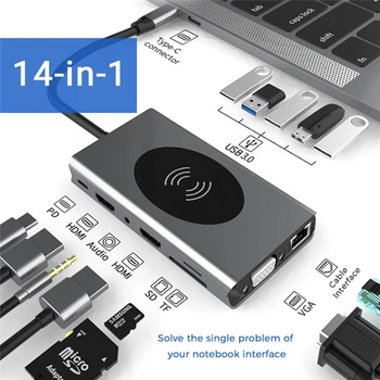 USB C Концентратор 14/15 в 1 Адаптер док-станции к 4K HDMI-совместимому RJ45 Ethernet SD/TF 3,5 мм AUX-концентратору для Ноутбука MacBook Pro
