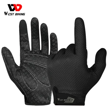 WEST BIKING/ Летние велосипедные перчатки на полный палец, Перчатки для MTB велосипеда, нескользящие силиконовые перчатки для рук с сенсорным экраном, перчатки для вождения, перчатки для верховой езды 