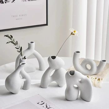 Абстрактная Художественная Керамическая белая Ваза в скандинавском минималистичном Стиле, Украшение гостиной, домашняя Ваза