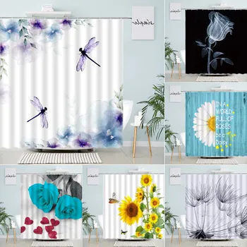 Абстрактные сине-фиолетовые занавески для душа в виде стрекозы с цветочным рисунком, Акварельные цветы, зеленые листья растений, Креативный дизайн Декора ванной комнаты