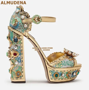АЛЬМУДЕНА, Босоножки на платформе с вышивкой бисером и массивным каблуком в стиле ретро, Синие, золотые, с цветочным принтом и Драгоценными Камнями, Свадебные туфли-лодочки