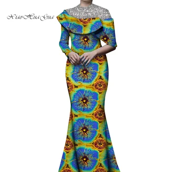 Африканские платья для женщин, длинное платье дашики с африканским принтом и блестками на шее, облегающее вечернее платье Анкара в стиле пэчворк WY9916