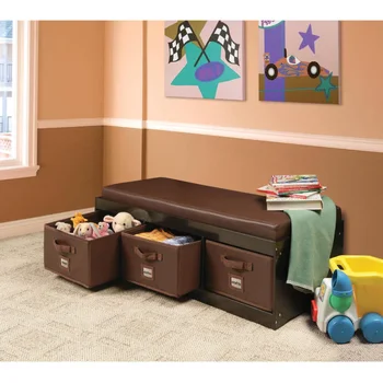 Барсучья корзина Скамейка для хранения детских игрушек с подушкой и тремя ящиками для ткани Вместимостью 2,7 кубических фута - Коричневый ящик для хранения, коробка-органайзер