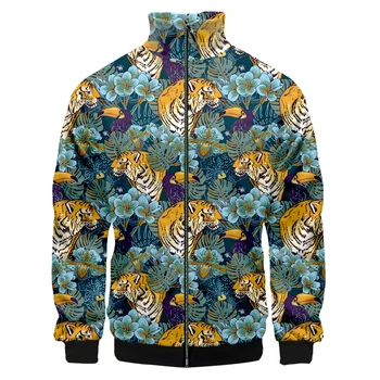 Большие размеры, Новые куртки IFPD со стоячим воротником, Забавные животные, Тигр, Птицы, Зеленые листья, 3D принт, повседневное осенне-зимнее пальто на молнии