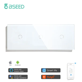 Бренд Bseed Smart Wifi Сенсорный выключатель 3 Банды ЕС Стандартный Сенсорный Переключатель Черный, Белый Цвет Со Стеклянной Панелью 228 мм Работа С Tuya