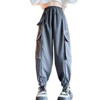 Брюки-карго для девочек, Весенне-осенние Модные Детские повседневные спортивные брюки в стиле хип-хоп с большими карманами, 8, 9, 10, 11, 12, 13, 14 лет