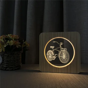 Велосипедная форма 3D Светодиодная Ариловая деревянная Ночная лампа, настольный выключатель света, Резная лампа для украшения детской комнаты
