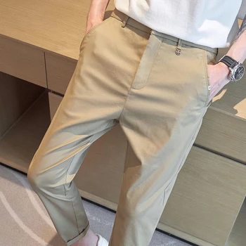 Весенне-летний костюм, брюки, мужские деловые брюки с эластичной резинкой на талии, тонкие брюки длиной до щиколотки, Корейские тонкие брюки из ледяного шелка, мужская одежда
