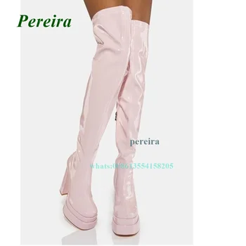 Весенне-Осенние Новые Розовые ботинки 2022 года; Сапоги на платформе с квадратным носком и массивном каблуке; Женская обувь выше колена на молнии сбоку; Пикантные Туфли на высоком Каблуке