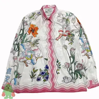 Винтажная мягкая рубашка в стиле хип-хоп CASABLANCA Розового Цвета с цветочным принтом и длинным рукавом Для Мужчин И Женщин, Повседневные Свободные Рубашки