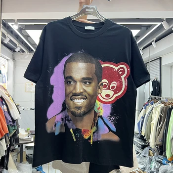 Винтажная футболка с буквенным принтом Kanye Bear Для мужчин и женщин, футболка Оверсайз, топы, тройник