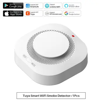 Датчик детектора дыма Tuya Wifi 90 дБ Сигнализация Защита безопасности Умного дома Высокая чувствительность мобильного напоминания Через приложение Smart Life