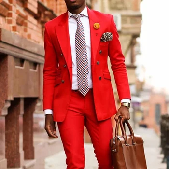 Двубортный красный повседневный костюм для мужчин с заостренным лацканом, 2 предмета, Смокинг для выпускного вечера, свадьбы, жениха, мужской модный комплект, куртка с брюками